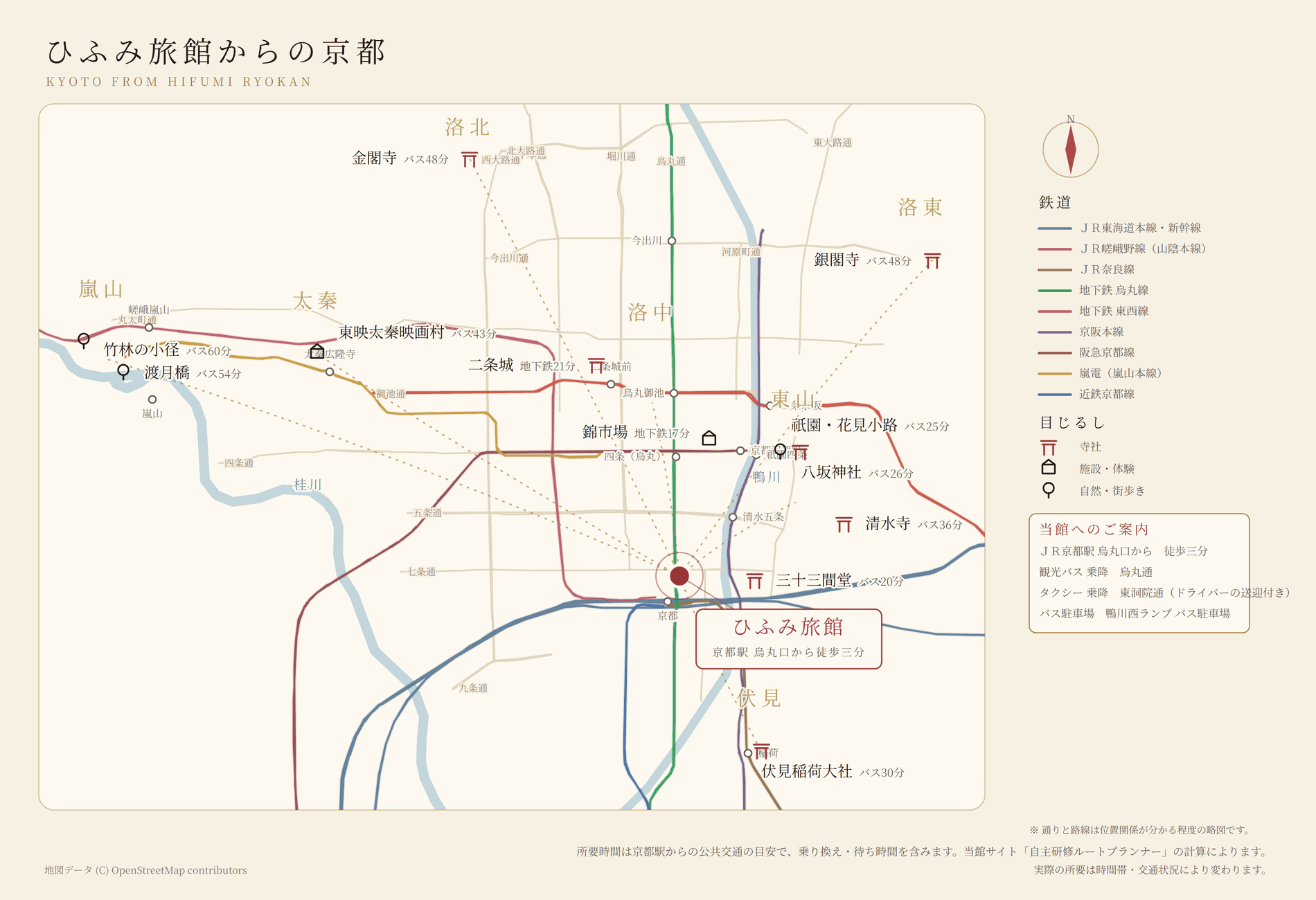 ひふみ旅館を中心とした京都市内の観光地図。清水寺・金閣寺・銀閣寺・二条城・嵐山・伏見稲荷大社などの主要な見学地と、京都駅からの所要時間を示しています。